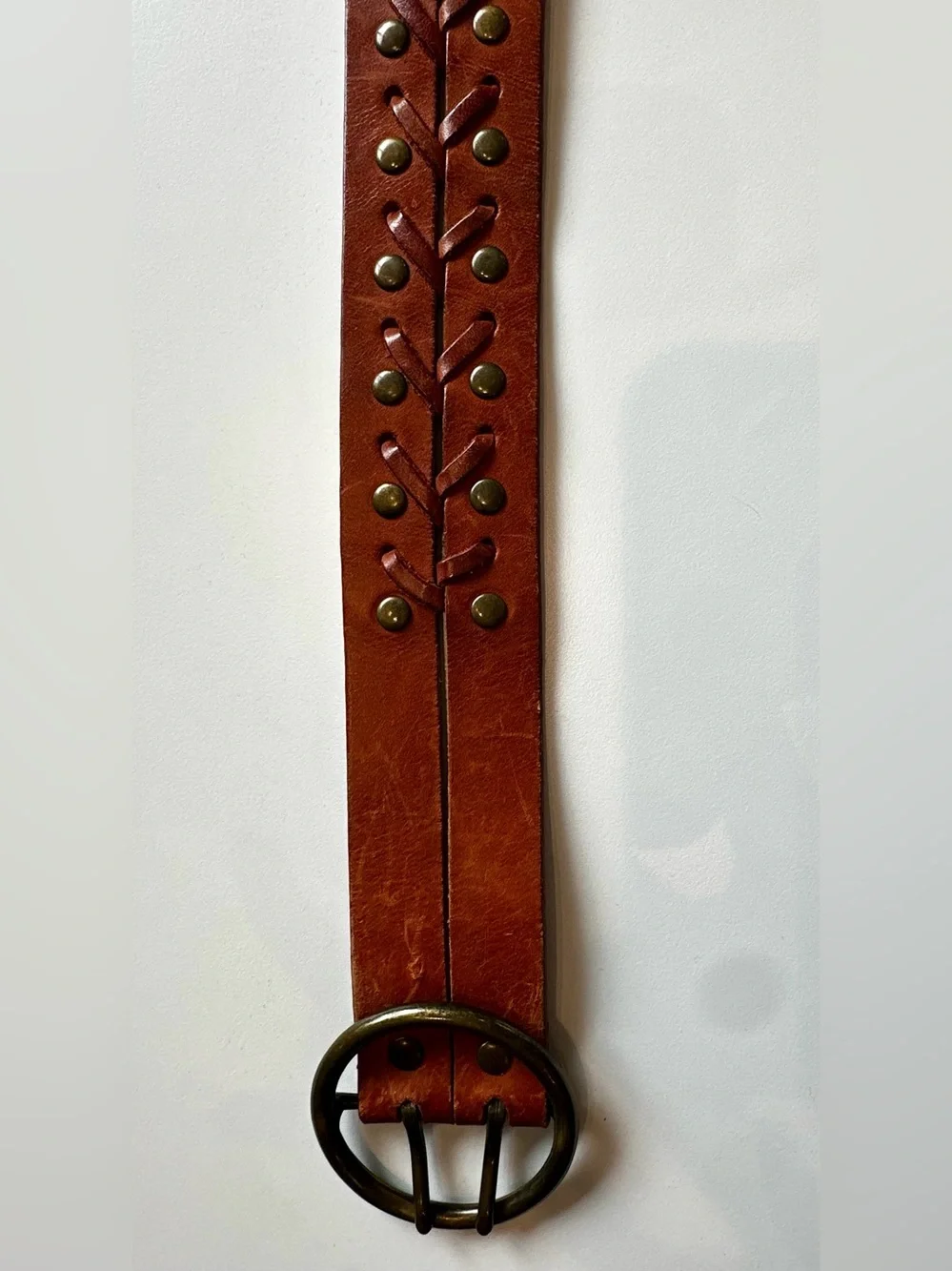 Vintage Genuine Leather Whipstitch Studded Brown Belt Size Small Boho Western